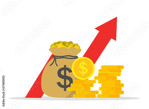 Money profit high. Growth of revenue. Arrow show in diagram increase income. Capital and benefit of finance fund. Economy and budget icon. More earn of business. Wealth and investment. Vector