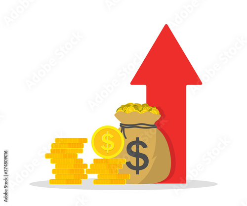 Icon of money income. Increase financial revenue. Growth of budget or profit. Return interest of earn. High arrow for more capital of company. Investment in business for multiply profit. Vector