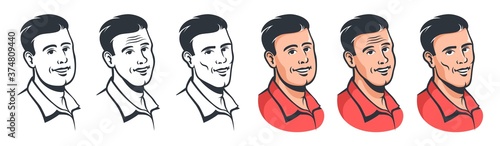 Smiling Man face set in vintage style. Male head with stylish hairstyle retro avatar. Cartoon vector illustration.