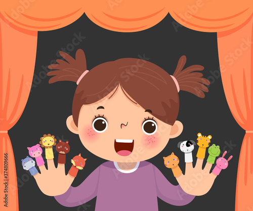 Vector illustration cartoon of little girl playing animal  finger puppets theatre.