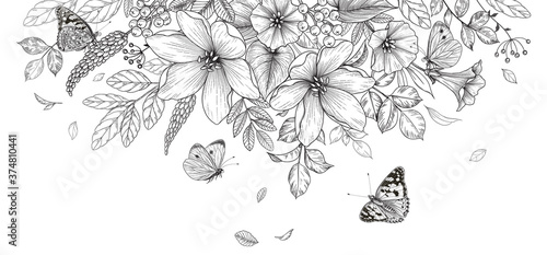 Hand Drawn  Wild Flowers  and  Flying Butterflies