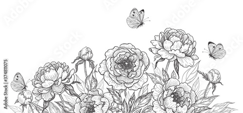 Vintage Background with  Peony Flowers  and  Flying Butterflies
