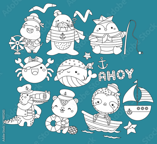 a vector collection of nautical animals in black and white colours