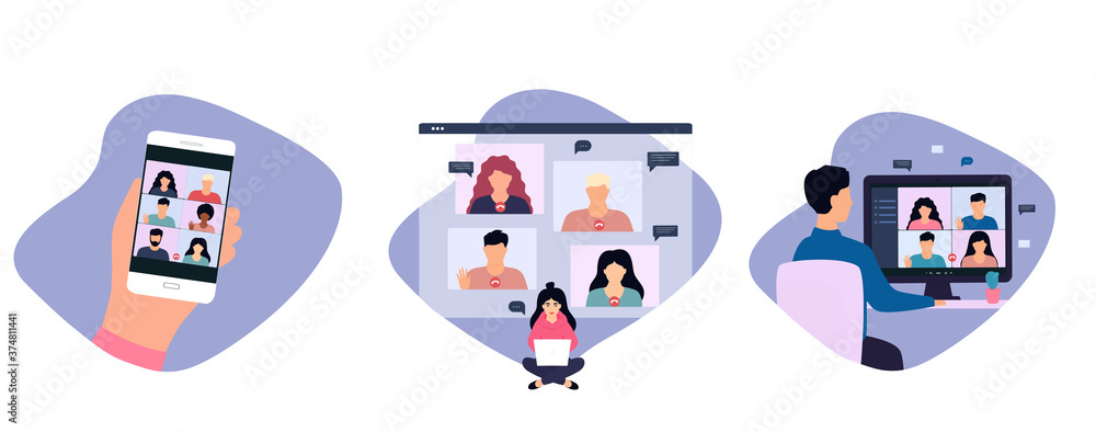 Woman and man having a video call with coworker, remote working online from home. Group web Conference Screen. The guy is sitting in a chair at his desk in front of a computer monitor. Set of concepts