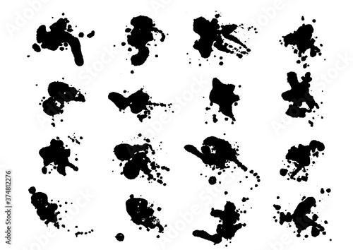 Vector black and white ink splash, blot and brush stroke, spot, spray, smudge, spatter, splatter, drip, drop, ink blob Grunge textured elements for design, background.