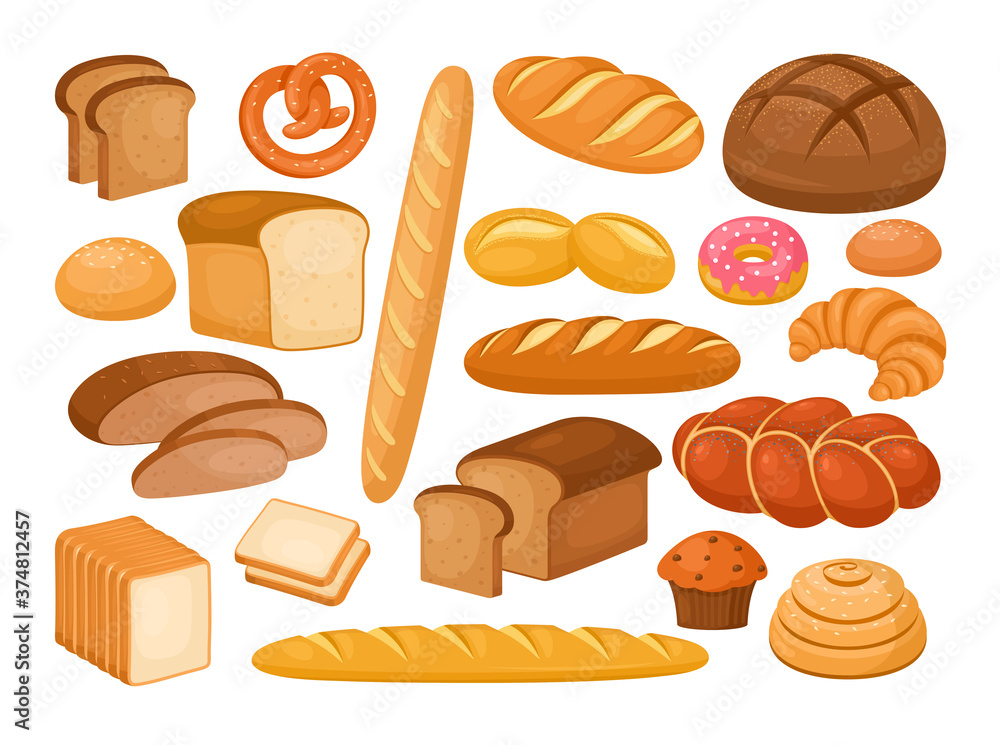 Vector set of bread icons. Bakery pastry products . Whole grain bread, sliced bread, bagel, french baguette, croissant, cupcake, donut, rye bread and pretzel for design menu bakery. Sweet desserts Vector set of bread icons. Bakery pastry products . Whole grain bread, sliced bread, bagel, french baguette, croissant, cupcake, donut, rye bread and pretzel for design menu bakery. Sweet desserts