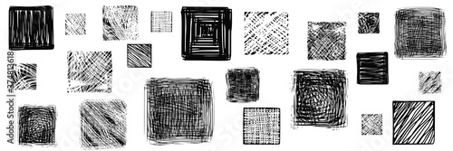 Abstract vector background, banner. Irregular squares of different sizes. Shades of gray, pencil drawing.