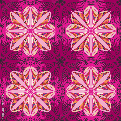 Vector ornamental pattern design of lined abstract flowers in psychedelic colors