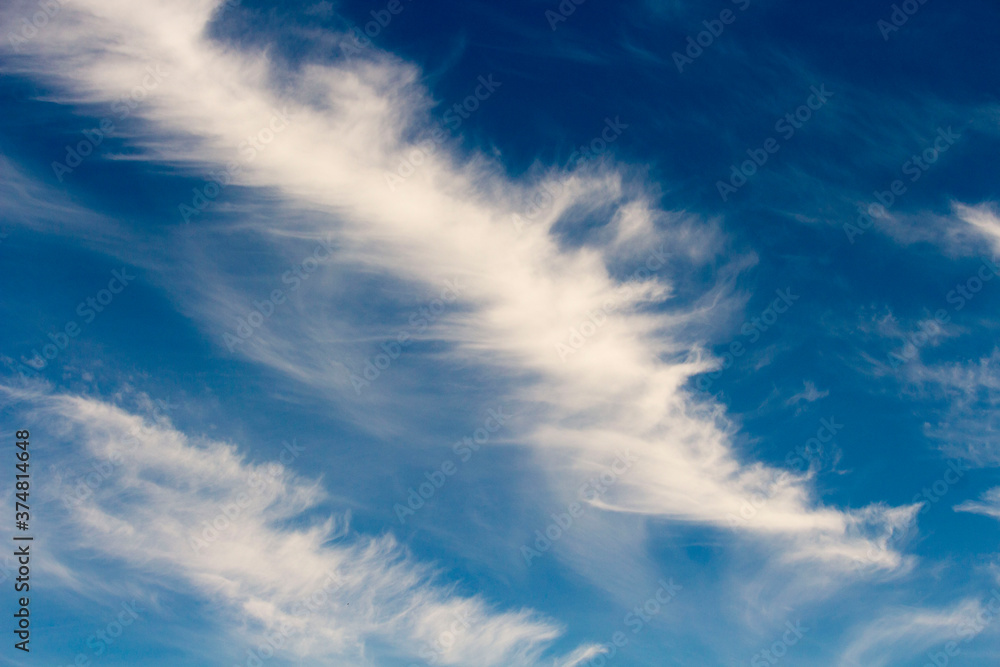 High white wispy cirrus clouds with cirro-stratus in the blue Australian sky in late winter sometimes called mare's tails indicate fine weather now but stormy changes coming within a couple of days. High white wispy cirrus clouds with cirro-stratus in the blue Australian sky in late winter sometimes called mare's tails indicate fine weather now but stormy changes coming within a couple of days.