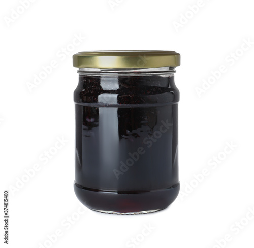 Jar of blueberry jam isolated on white