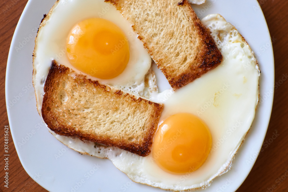 Two fried eggs with toast on a plate. Two fried eggs with toast on a plate.