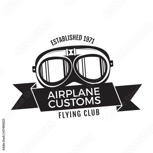 Airplane customs emblem logo template. Flying club silhouette label with retro pilot goggles and ribbon. Stock vector isolated