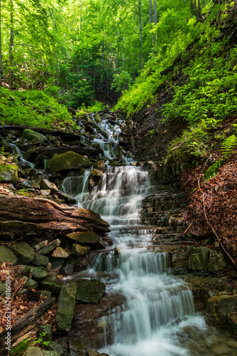 Vysuty potok creek with cascades and trees around in Moravskoslezske Beskydy mountains in Czech republic