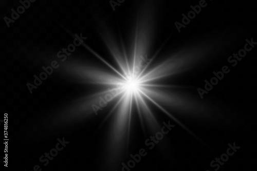 White glowing light explodes on a transparent background. with ray. Transparent shining sun, bright flash. The center of a bright flash