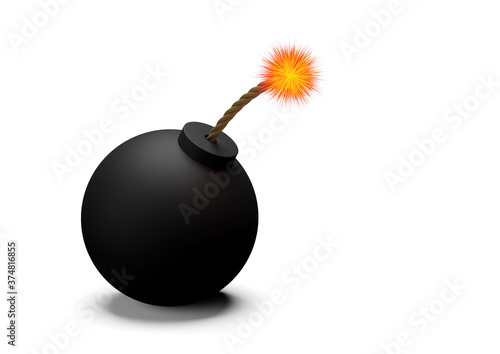 Cartoon or comic bomb with lit fuse over white background, threat, risk or danger concept