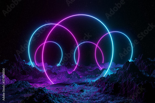 Abstract background with blue and pink neon light circles reflecting on asteroid ground 3D rendering