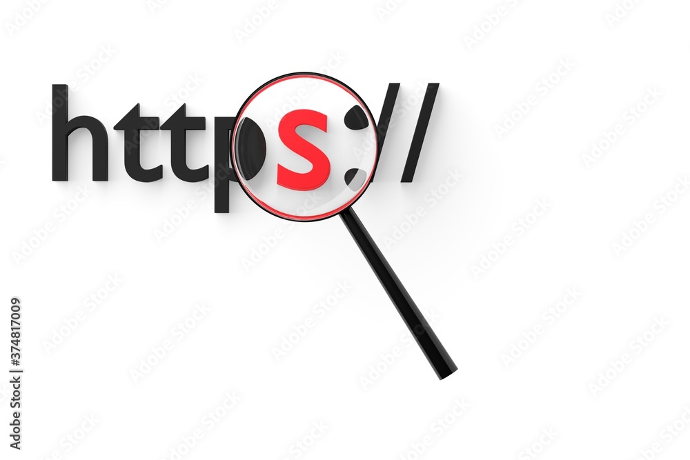 Magnifying glass or loupe enlarging the word https over white background, internet or web secure connection concept Magnifying glass or loupe enlarging the word https over white background, internet or web secure connection concept