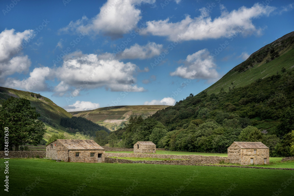 Old Stone Barns and dry stone walls in Muker Meadows in Swaledale North Yorkshire. 