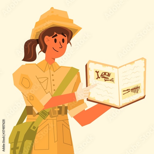 Cartoon character woman historian tells a story