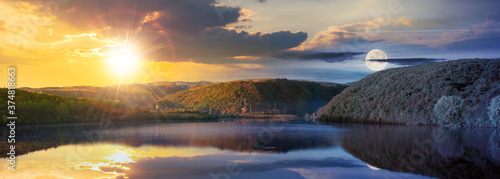 Photography day and night time change concept above mountain lake among the forest