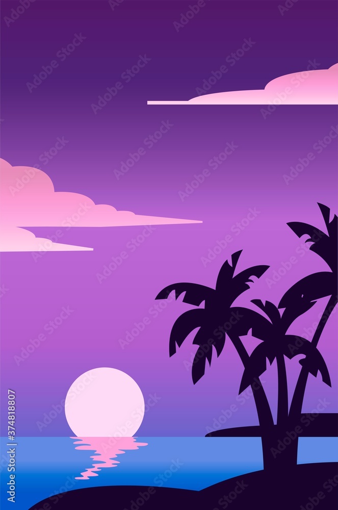 Naklejka premium Creative concept vector travel illustration florida palms seaside beach landscape in the dusk sundown.