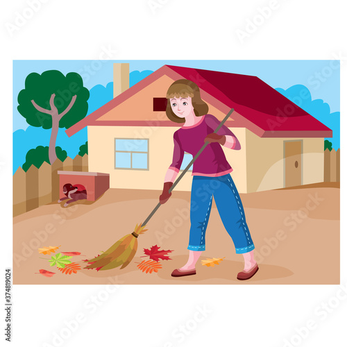 woman sweeping leaves around her house with a broom, yard, cartoon illustration, autumn, yard,