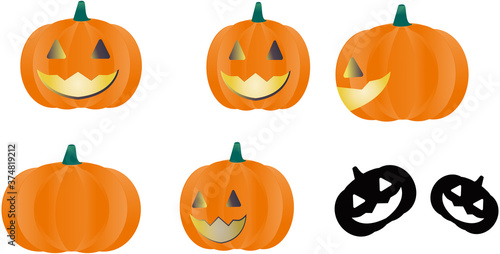 ハロウインのお化けカボチャのイラストセット。正面・横・後ろ各種角度別ベクター素材。