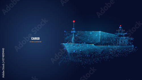 Abstract low poly 3d cargo ship isolated in dark blue background. Container ships, transportation, logistics or international shipping concept. Digital vector mesh illustration looks like starry sky