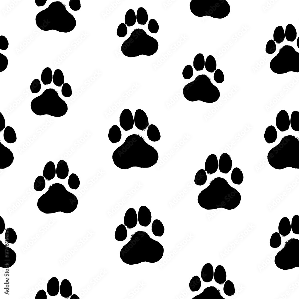 Fototapeta premium Ink hand drawn seamless pattern with dog paws traces