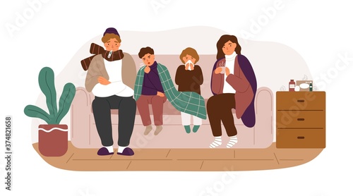 Sickness family with common cold symptoms sitting on couch together vector flat illustration. Adults and children covering plaid, measuring temperature, coughing and wiping snot isolated on white