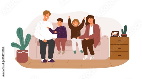 Happy family smiling sitting on couch vector flat illustration. Joyful parents and children spending time together at home isolated. Mother, father, son and daughter rejoicing enjoying weekend