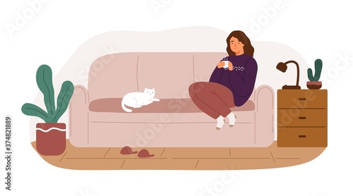 Happy woman sitting on couch holding cup of hot beverage vector flat illustration. Relaxed female enjoying weekend at cozy home isolated on white. Smiling girl spending time with cat feeling calmness