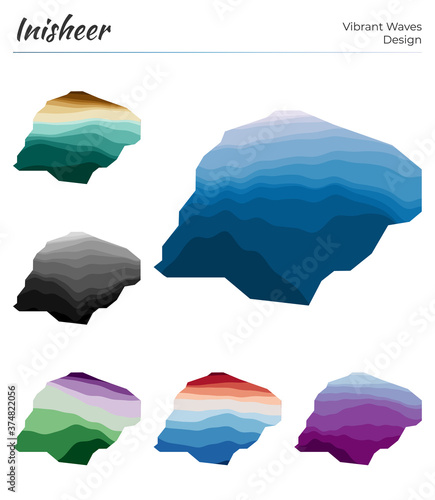 Set of vector maps of Inisheer. Vibrant waves design. Bright map of island in geometric smooth curves style. Multicolored Inisheer map for your design. Powerful vector illustration.