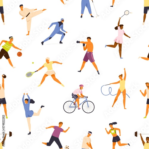Man and woman performing various kinds of sports seamless pattern. People demonstrate physical activity vector flat illustration. Happy athletic sportsman and sportswoman training or exercising
