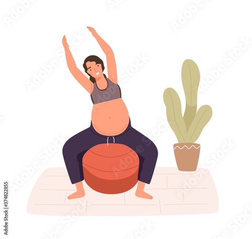 Pregnancy woman practicing workout on aerobic ball vector flat illustration. Happy female with big pregnant tummy enjoying physical activity isolated on white. Future mom exercising or warming up
