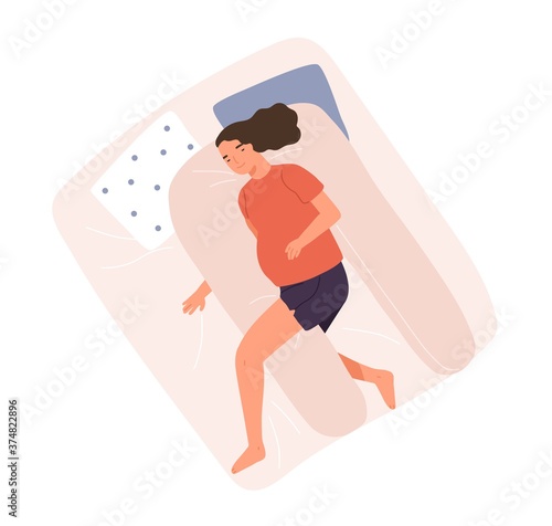 Happy woman with big tummy sleeping on pillow for pregnant vector flat illustration. Female relaxing on bed with comfortable orthopedic accessory top view isolated. Future mother enjoying pregnancy
