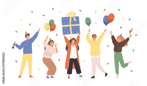 Group of happy people raising hands celebrating holiday with colorful confetti vector flat illustration. Woman hold gift box having fun with friends isolated. Person with balloons and champagne