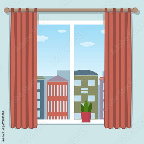 city with a window in the daytime, color vector illustration in the style of flat, clipart, design, decoration