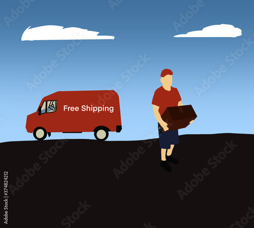Free shipping and fast delivery service.Delivery man in red uniform holding boxes and documents. Courier order, worldwide shipping. Fast and Free Transport