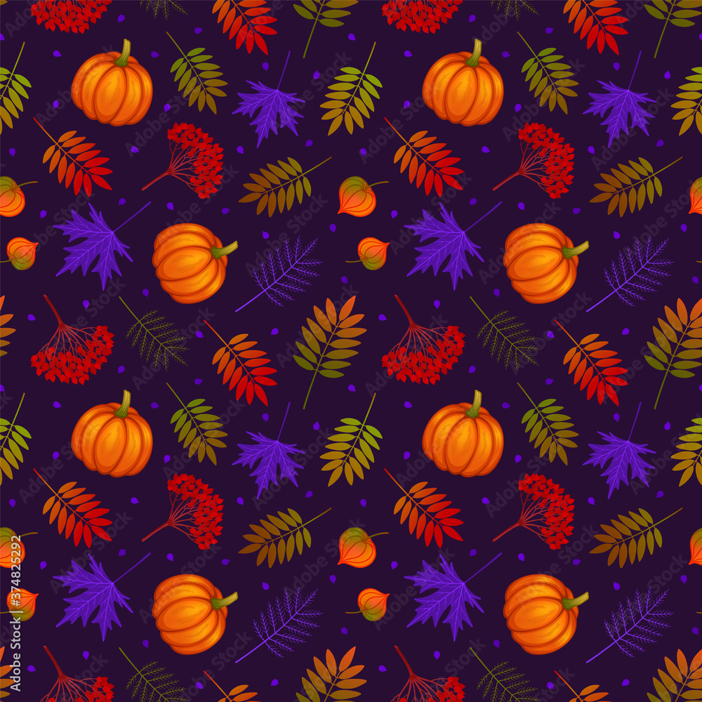 Seamless pattern with pumpkins, maple and mountain ash leaves, fruits of viburnum, physalis on dark background. Green, purple, red, orange color. Repeat autumn pattern.