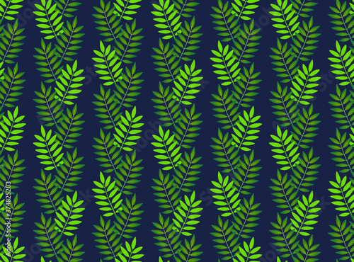 Seamless pattern with vertical rows of mountain ash leaves. Repeat symmetrical botanical pattern. Vector illustration.