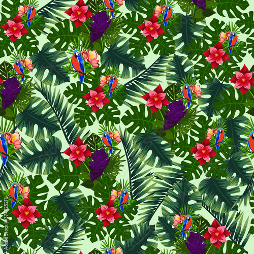seamless Parrots Tropical pattern with red flowers © HR