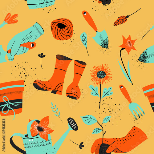 Seamless pattern on a yellow background. Tools for seasonal work in the garden.