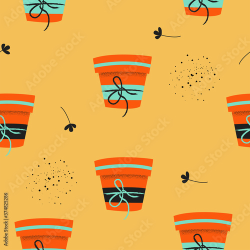 Seamless pattern on a yellow background. Flower pot.