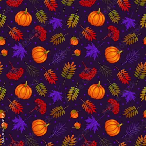 Seamless pattern with pumpkins, maple and mountain ash leaves, fruits of viburnum, physalis on dark background. Green, purple, red, orange color. Repeat autumn pattern.