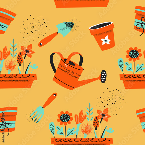 Seamless pattern on a yellow background. Tools for seasonal work in the garden.