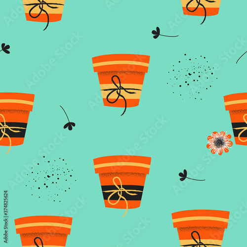 Seamless pattern on a blue background. Flower pot.