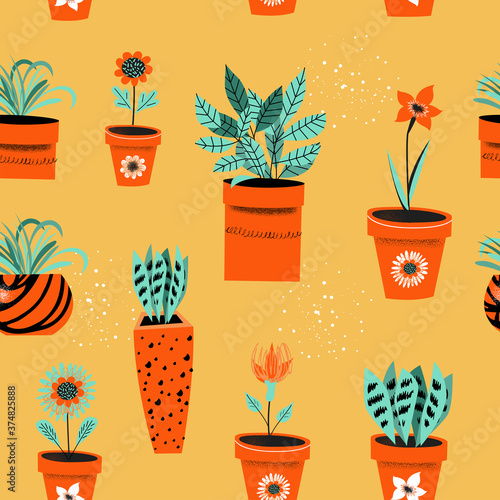 Seamless pattern on a yellow background. Potted potted flowers.
