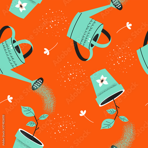 Seamless pattern on an orange background. Tools for seasonal work in the garden.