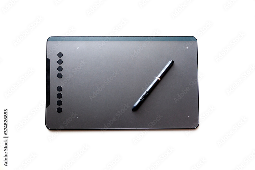 black graphic tablet for a Retoucher or artist with a pen on a white background, isolated black graphic tablet for a Retoucher or artist with a pen on a white background, isolated